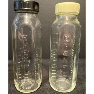 Set of 2 Vintage 1960s EVENFLO Baby Glass Bottle 8oz. with Cap & Lid Embossed